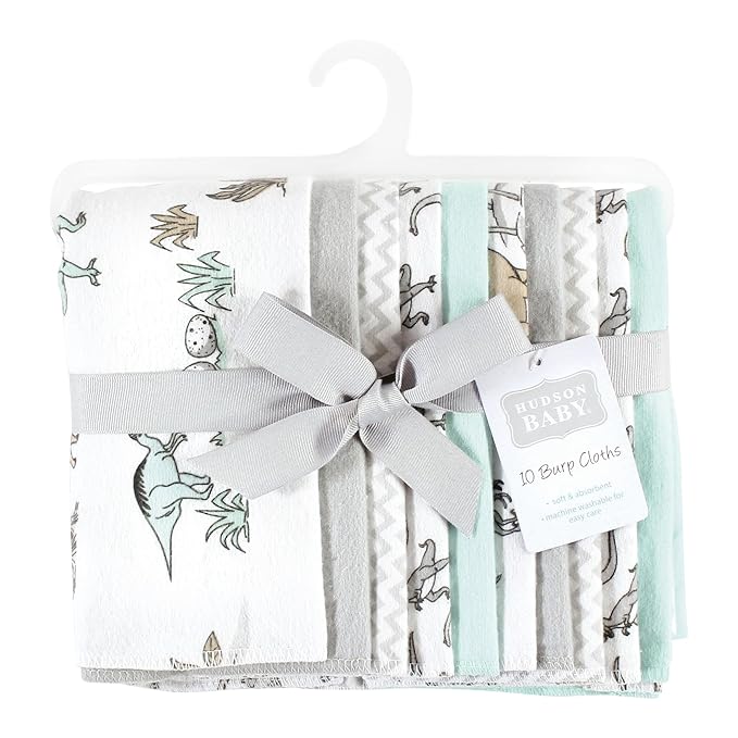 Hudson Baby Unisex Baby Cotton Flannel Burp Cloths 10-Pack, Neutral Dino World, One Size