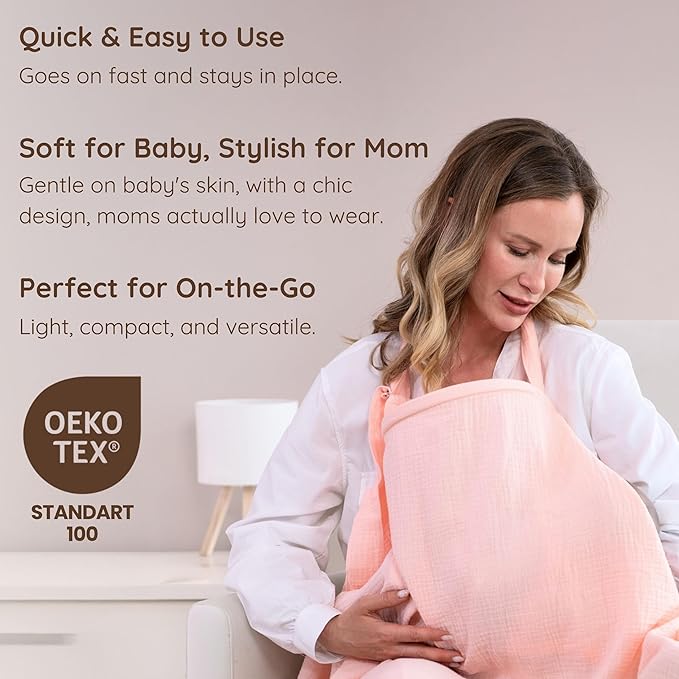 Muslin Nursing Cover Up for Breastfeeding, 47"x47" Cotton Muslin Breastfeeding Covers for Nursing, Full Coverage Breast Feeding Covers, Pumping Cover Oeko-TEX Designed in France - Pink