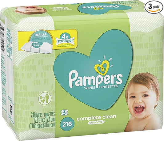 Baby Wipes, Pampers Baby Diaper Wipes, Complete Clean Unscented, 3 Refill Packs for Dispenser Tub, 216 Total Wipes