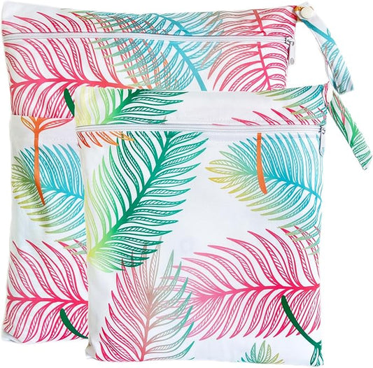 Wet Dry Bag for Cloth Diapers, 2PCS Waterproof Reusable Wet Bag with Zippered Pockets, Washable, Reusable for Travel, Beach, Pool, Stroller, Diapers, Dirty Gym Clothes, Swimsuits, 14x12In & 12x11In