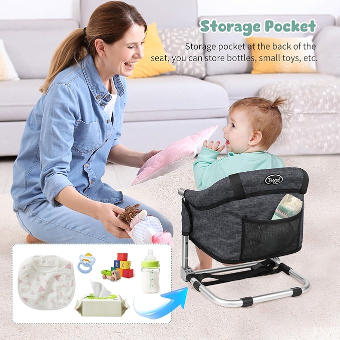 Booster Seat for Dining Table, 3-in-1 Portable Toddler Booster Chair with Safety Buckle, Height Adjustable & Foldable Baby Feeding Seat, Travel High Chair with Washable Cover & Storage Pocket - Black