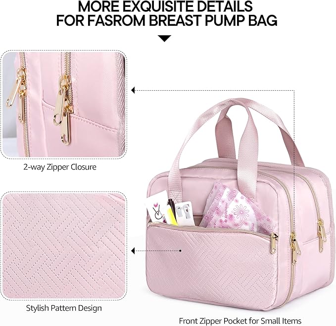 Fasrom Wearable Breast Pump Bag with Cooler and Ice Pack Compatible with Momcozy, Medela and Elvie Pumps, Insulated Pump Carrying Case to Hold Extra Pump Parts, Pink (Patent Design)