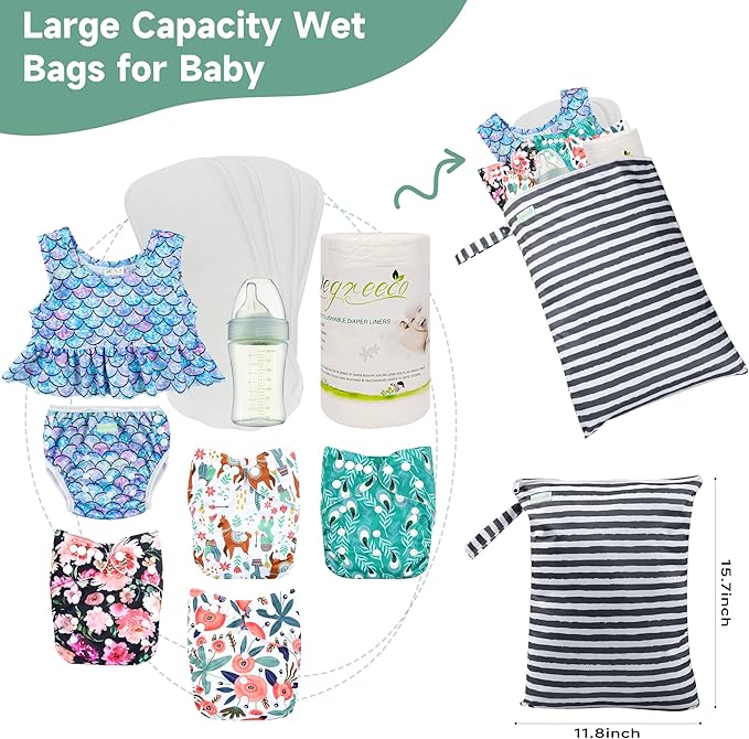 wegreeco Wet Dry Bag for Baby Swimsuit, Small Wet Dry Bag for Clothes Diaper and Breast Pump Parts, Large Baby bag for Travel,Gym Clothes,Beach,Pool,Extra Clothes (Black&Grey Stripes)