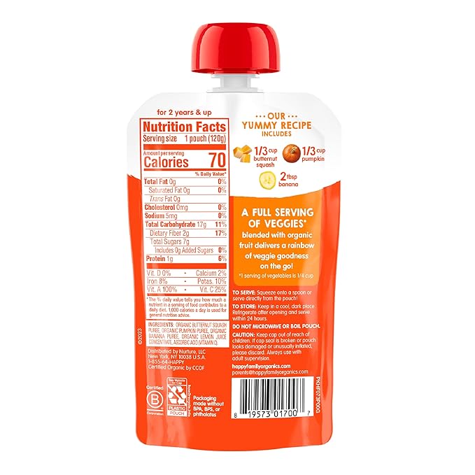 HAPPYTOT Organics Stage 4 Baby Food Pouches,Gluten Free, Vegan Snack, Love My Veggies, Fruit & Veggies Puree,Squash, Pumpkin & Bananas 4.22 oz Pouch (Pack of 16)