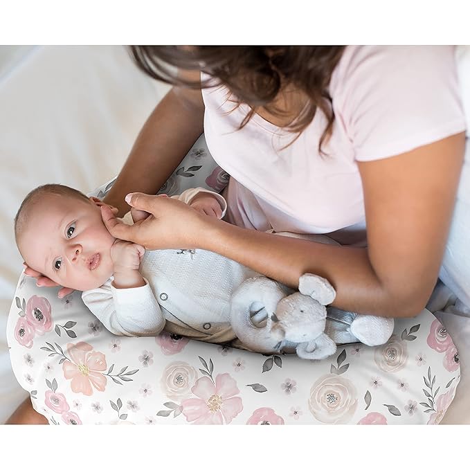 Sweet Jojo Designs Baby Nursing Pillow Cover (Pink/Grey Boho Floral) for Girls, Infant/Newborn Nursery, Bottle Breastfeeding Slipcover, Breast Feeding Pillowcase - Pillow NOT Included (Watercolor)