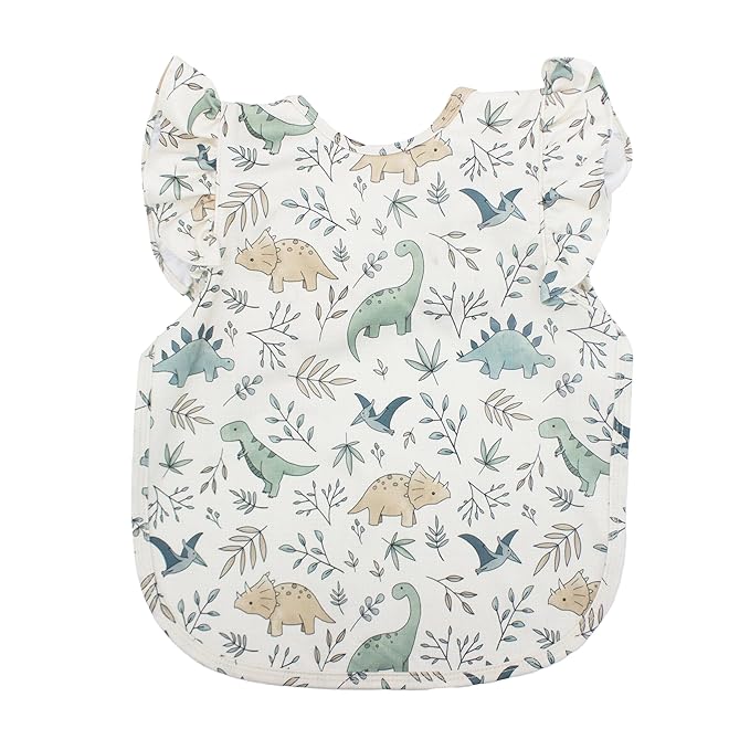 BapronBaby Flutter Foliage Dinos Bapron - No Neck Tie Safer Bib for Baby & Toddler - Soft Waterproof Stain Resistant - Machine Washable - Sz Preschool 3-5yrs