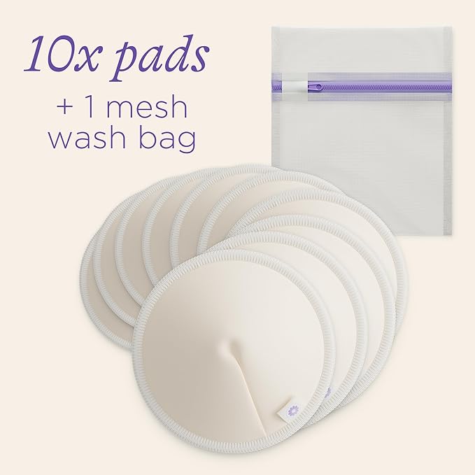 Lansinoh Washable Nursing Pads, Made with Organic Bamboo Viscose, Reusable Breast Pads for Breastfeeding with Wash Bag, Breastfeeding Essentials, 10 Count