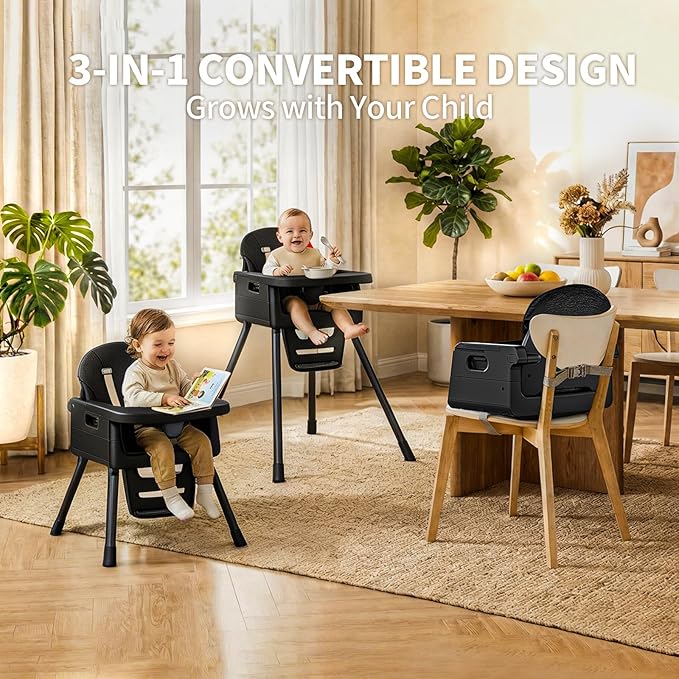 Portable High Chairs for Babies and Toddlers, Convertible Baby Feeding Chair with Tray, Easy Clean High Chair for Toddler with Foot Rest, Infant Highchairs & Booster Seats with Cushion Black