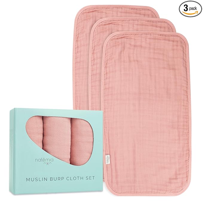 Natemia Ultra Soft Muslin Burp Cloths – Large, Super Absorbent Baby Burp Cloths for Newborn Spit Up - Machine Washable for Drool and Messes Essentials for Boys & Girls, 3 Pack