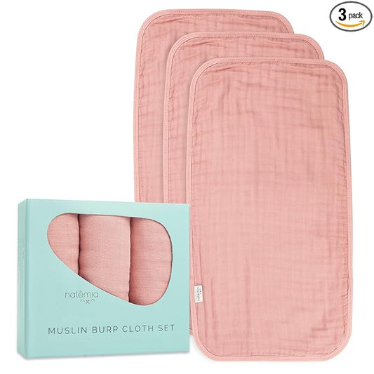 Natemia Ultra Soft Muslin Burp Cloths – Large, Super Absorbent Baby Burp Cloths for Newborn Spit Up - Machine Washable for Drool and Messes Essentials for Boys & Girls, 3 Pack
