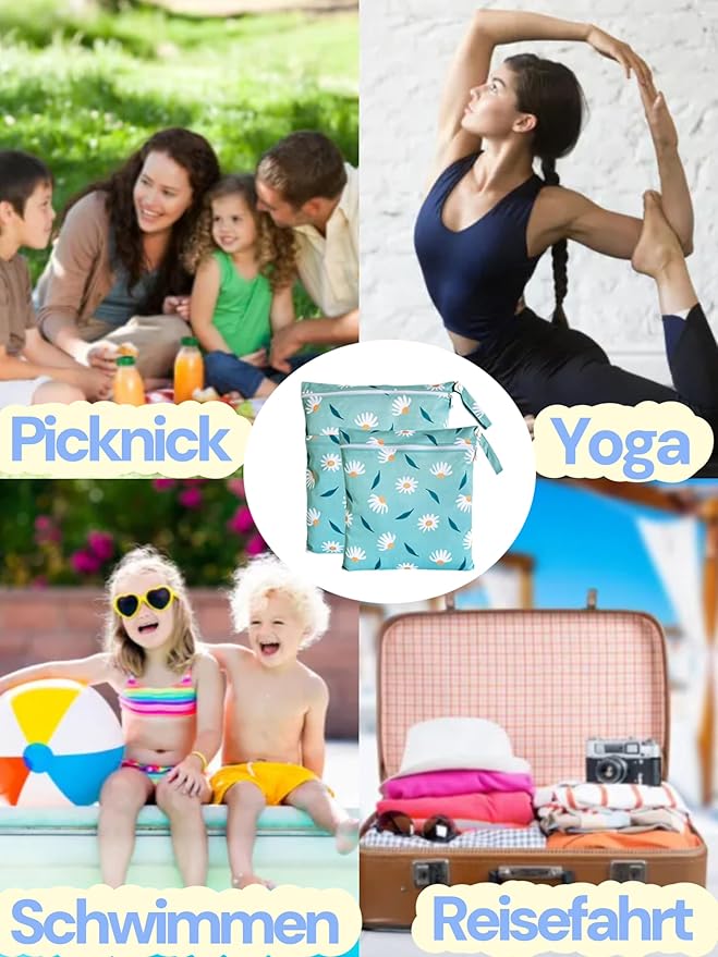 Wet Dry Bag for Cloth Diapers, 2PCS Waterproof Reusable Wet Bag with Zippered Pockets, Washable, Reusable for Travel, Beach, Pool, Stroller, Diapers, Dirty Gym Clothes, Swimsuits, 14x12In & 12x11In