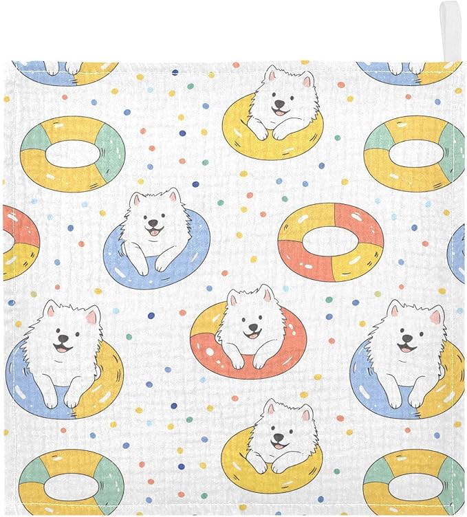 vvfelixl Baby Muslin Washcloths Kawaii Samoyed Swim Baby Burp Cloths Cotton Babys Face Towel for Newborn Infants Boys Girls Soft and Absorbent 11.8 X 11.8 in, 3 Pack