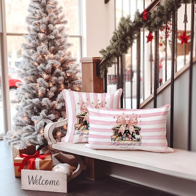 Faith Christmas Pillow Cover 12x20 – Pink Nativity Scene with Bow – Christian Baby Jesus Holiday Throw Pillow for Scripture Decor, Coquette Farmhouse Religious Decorations