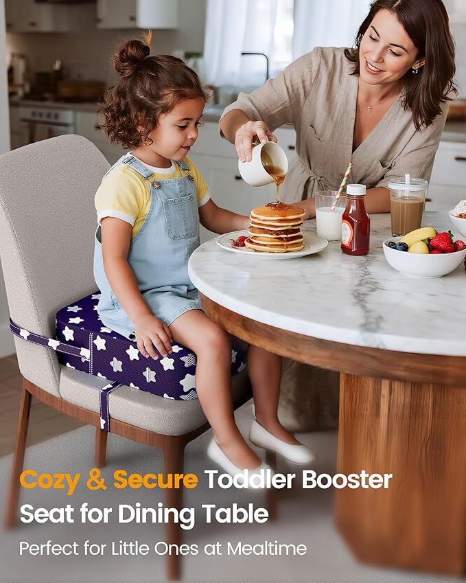 Toddler Booster Seat for Dining Table and Kitchen Chair – Adjustable Safety Straps, Non-Slip, Easy to Clean, Portable Travel Foam Booster Cushion Seat for Kids & Toddlers (Purple-Star)