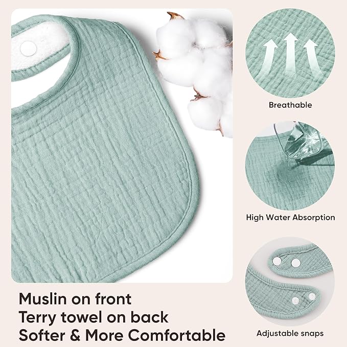 Bearmoss Baby Bibs for Drooling and teething 100% Cotton Muslin Bibs for Baby Boy & Girl,Adjustable, Ultra Absorbent,8 Pack