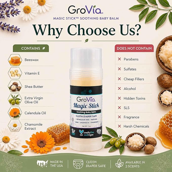 GroVia All Natural Magic Stick Baby Diaper Balm for Baby Diapering (2 oz) - Unscented