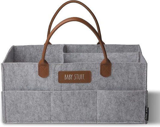 Rae Dunn Baby Diaper Caddy Organizer, Nursery Storage for Changing Table and Car, Portable Basket for Items, Shower Gifts, Grey Felt With Leather Handles, Large