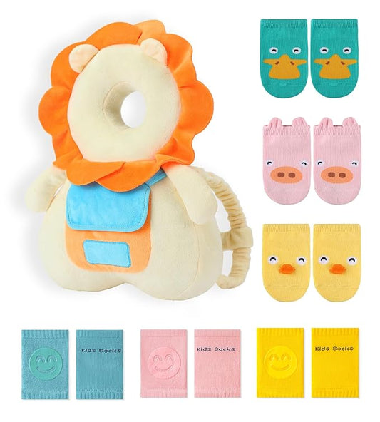 JunNeng Baby Head Protector Backpack with Squeaker, Knee Pads, Anti-Slip Socks, Yellow Lion Sets