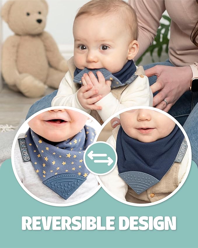 Cheeky Chompers Neckerchew Teething Bib, 2-in-1 Bandana Style Bib w/Food Grade Silicone Teether