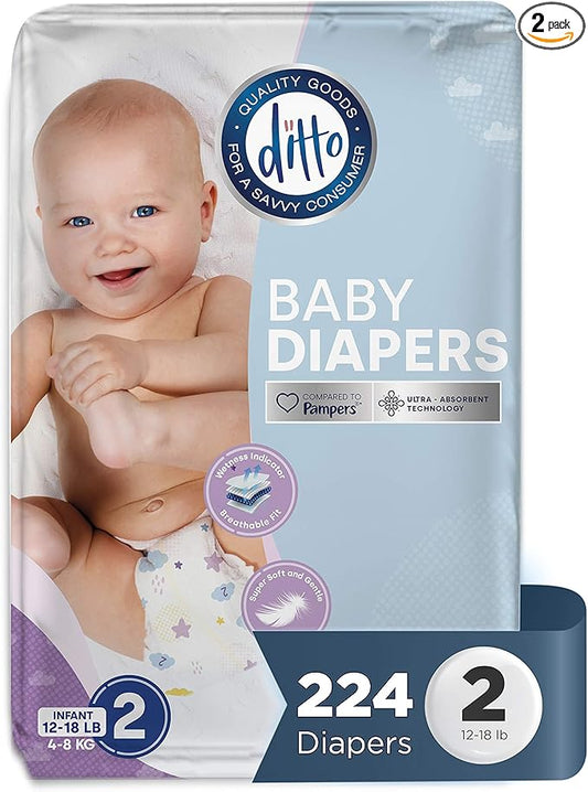 Ditto Baby Diapers Size 2 (224 Count) – Breathable Disposable Diapers – 12-Hour Leak Protection & Wetness Indicator – Day + Overnight Diapers for Sensitive Skin – No Fragrance, Parabens or Latex