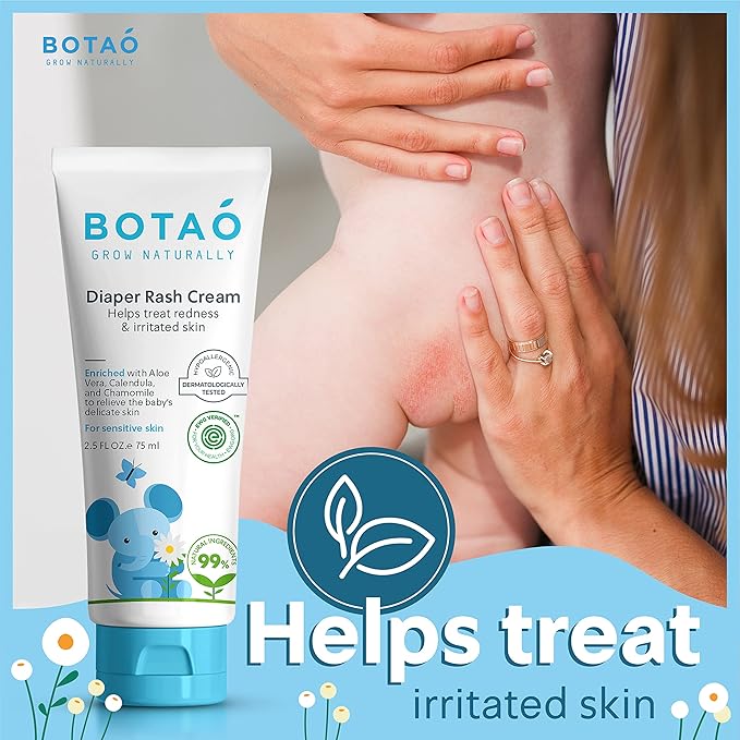BOTAO Baby's Natural Diaper Cream | Organic Diaper Cream EWG Verified | Naturally Soothes Baby Rashes | Baby zinc Ointment Natural | For Sensitive Skin with Aloe Vera & Calendula, 2.5Oz (3 Pack)
