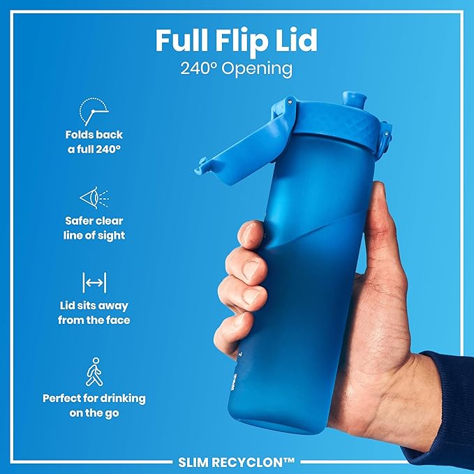 Ion8 Water Bottle, 500 ml/18 oz, Leak Proof, Easy to Open, Secure Lock, Dishwasher Safe, BPA Free, Hygienic Flip Cover, Carry Handle, Fits Cup Holders, Easy Clean, Odor Free, Carbon Neutral, Blue