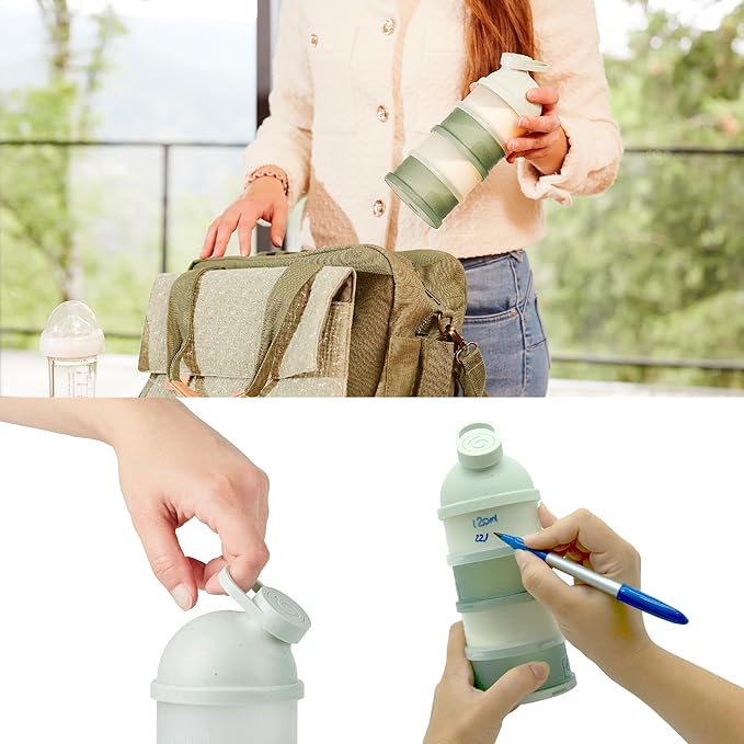 Babymoov Babydose Formula Dispenser On-the-Go, BPA-Free Baby Formula and Snack Container, Travel Essential, 4 Airtight Compartments, XL Capacity, Ergonomic, Dishwasher-Safe, Made in France, Green