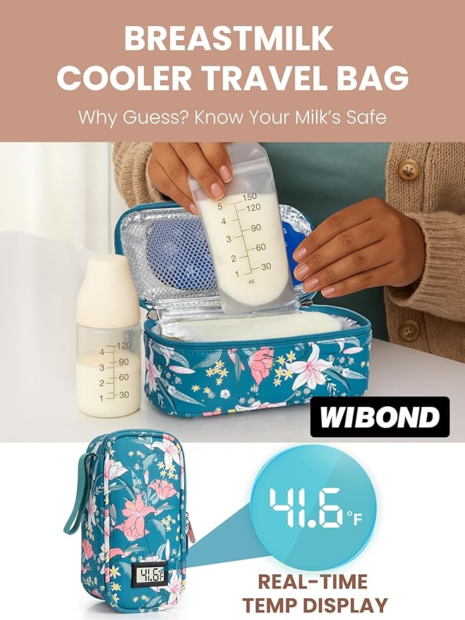 Breast Milk Cooler Travel Bag, Real-Time Temperature Display, Holds 4-6 Breastmilk Storage Bag with 2 Breast Milk Ice Pack, Cooling & Waterproof Portable Cooler for Moms on the Go (Lily)