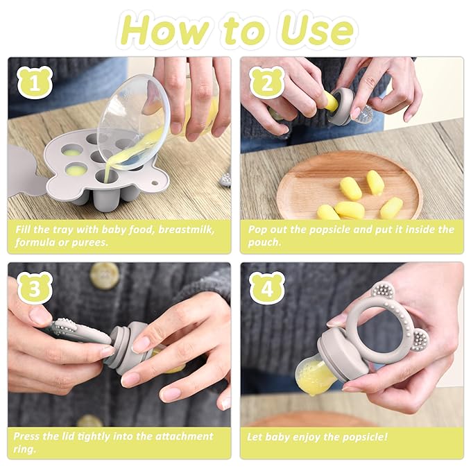 Baby Teething Relief teether, Breast Milk Popsicle Mold for purees .Silicone Baby Fruit Food Feeder for Safe Infant Self Feeding, BPA Freefor 3 Month+, (Light Grey)