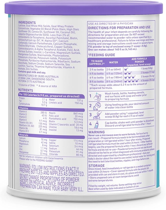 Bubs Whole Goat Milk Formula with Iron, Goat Milk-Based Powder, for Infants 0-12 Months, Made with Non-GMO Goat Milk, 20 oz
