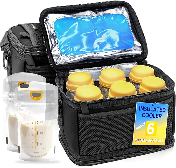 FreezeN'Go Breast Milk Cooler Travel Bag (6 Built-in Ice Packs) Designed for 5oz Medela Express Baby Bottles and Breastmilk Storage Bags - Freezable Insulated Tote with Handle and Padded Strap