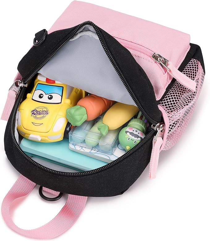 Mini Backpacks for Toddler Girls 9 inch Bookbag Purse with Baby Leash Backpack for Kids 1-2 (Black and Pink)