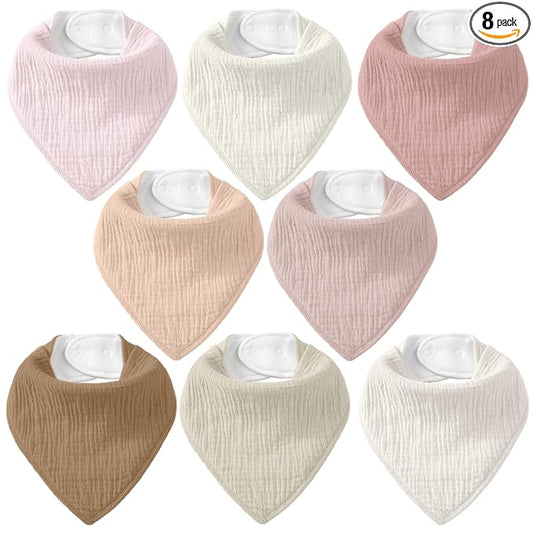 Muslin Baby Bibs 8 Pack, Baby Bandana Drool Bib for Drooling and Teething, Cotton Soft Absorbent for Girls Boys (Pink)