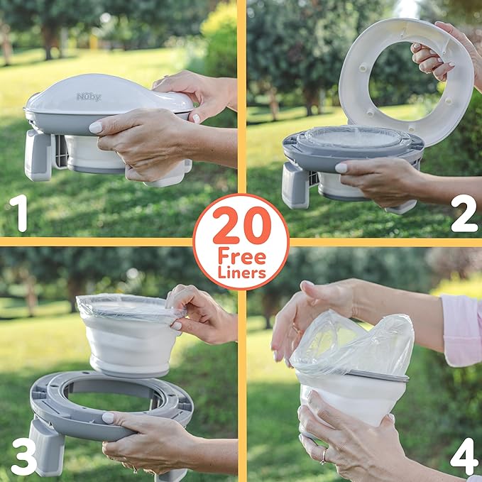 Nuby On-the-Go Portable Potty Seat - Collapsible Travel Toilet Seat for Boys and Girls 18+ Months - Includes Storage Bag and Disposable Liners - Toddler Potty Training Toilet