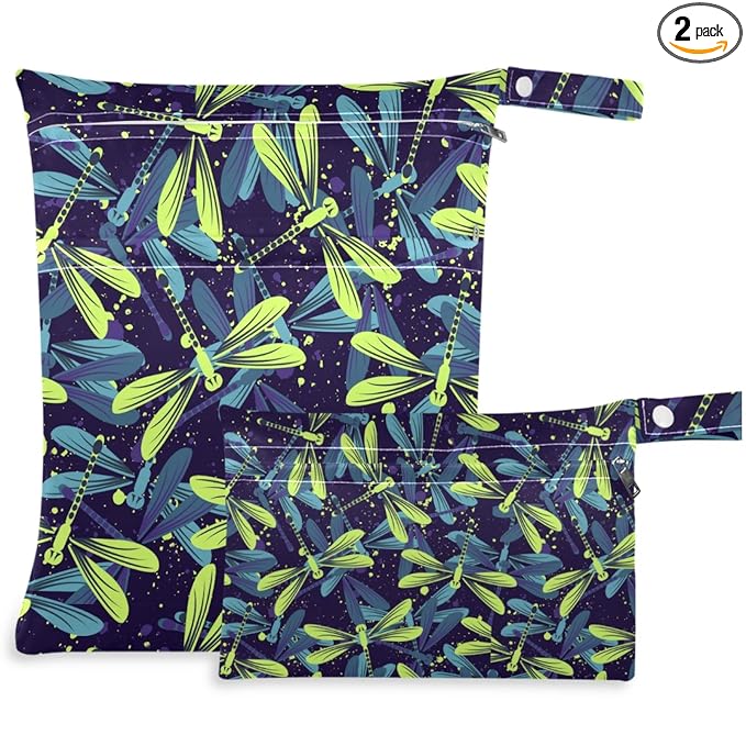 visesunny Blue Yellow Dragonfly Dot 2Pcs Wet Bag with Zippered Pockets Washable Reusable Roomy for Travel,Beach,Pool,Daycare,Stroller,Diapers,Dirty Gym Clothes, Wet Swimsuits, Toiletries