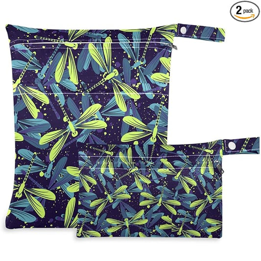 visesunny Blue Yellow Dragonfly Dot 2Pcs Wet Bag with Zippered Pockets Washable Reusable Roomy for Travel,Beach,Pool,Daycare,Stroller,Diapers,Dirty Gym Clothes, Wet Swimsuits, Toiletries