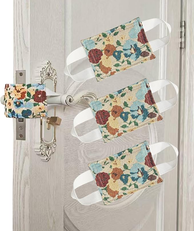 Baby Proof Door Silencer & Cloth Latch Cover, Quiet Close Anti-Slam Pads to Prevent Slamming and Accidental Locking, for Nursery and Toddler Safety (3, Beige Floral Pattern, 4.1 * 3.1 inches)