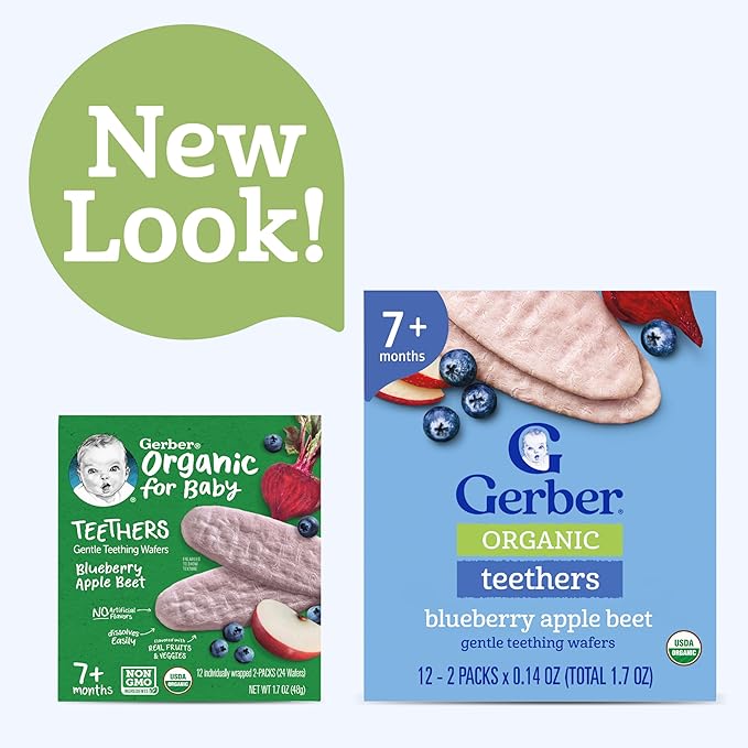 Gerber Teethers, Blueberry Apple Beet Organic Teething Wafers, Baby Teething Snacks, 6PK