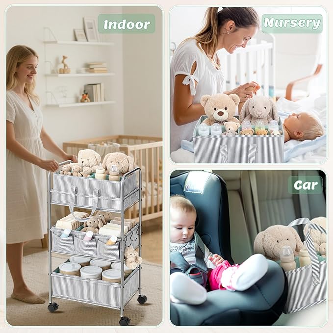 WILLBOND 2 in 1 Baby Diaper Caddy Organizer Cart, 3 Tier Large Stripe Bedside Rolling Cart Metal for Baby Essential with Divider for Newborn Registry Must Have Nursery Bedroom Mother Gift(Green)