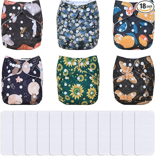 TDIAPERS Cloth Diapers Reusable Washable Pocket Diapers Cover One Size Adjustable for Baby 6 Pack with 12 Inserts
