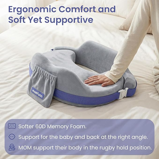 MOMFANN Nursing Pillow for Breastfeeding, 60D Firm Memory Foam, Ergonomic Lumbar Support & Safety Fence, Wider Cushion for Back Pain Relief, Adjustable Strap, Removable Machine Washable Cover -Gray
