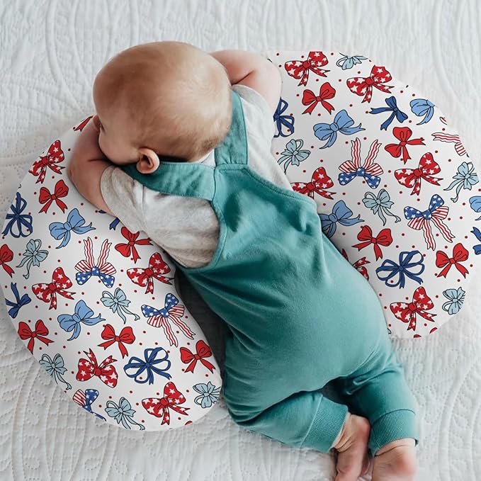 American Flag Bows Stars Baby Nursing Pillow Covers for Boy Girl Patriotic Ribbons Nursing Slipcovers for Breastfeeding Pillows Cute 4th of July Bows Soft Stretchy Removable Cover for Newborn Infant