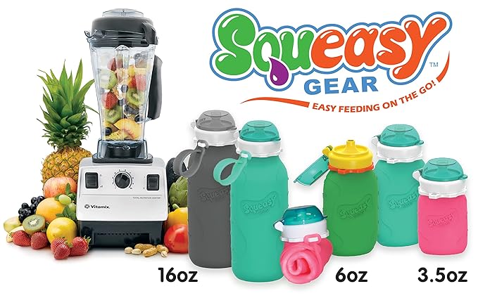 Blue 16 oz Squeasy Snacker Spill Proof Silicone Reusable Pouch - For Soft Foods & Liquids - Water, Apple Sauce, Yogurt, Smoothies, Baby Food - Dishwasher Safe