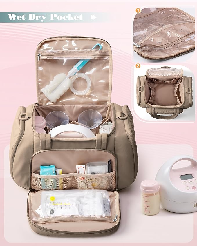 Marscamd Quilted Breast Pump Bag Compatible with Spectra S1 and S2, Pumping Bag with Cooler Compartment and a Drying Mat, Camel