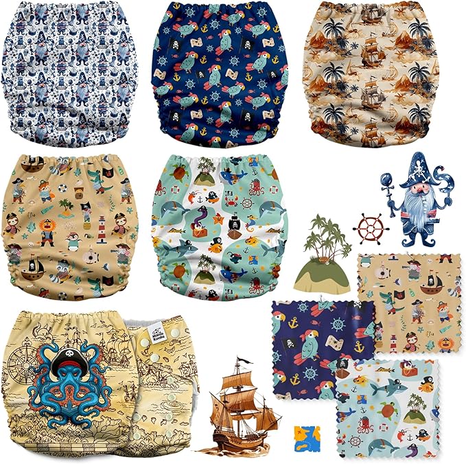 Mama Koala 3.0 Cloth Diapers for Babies, 6 Pack One Size Washable and Reusable Pocket Diapers for Newborns and Toddlers (Pirates are Coming)