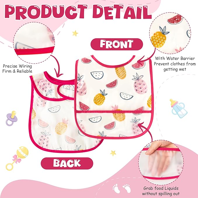 6Pcs Baby Bibs for Eating Toddler Feeding Bibs with Crumb Catcher Pocket Fruit Adjustable Sleeveless Teething Plastic Food Bib Set Waterproof Infant Keepsake Gift for Baby Shower, 6-24 Months