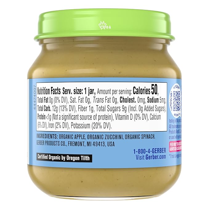 GERBER ORGANIC FOR BABY 2nd Foods Apple Spinach Zucchini 10x4oz