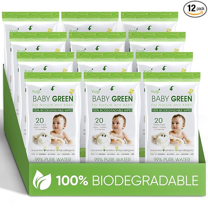 Baby Green Wipes Unscented compostable Organic Biodegradable – Travel Pack (12 Packs of 20) 240 for Sensitive Skin