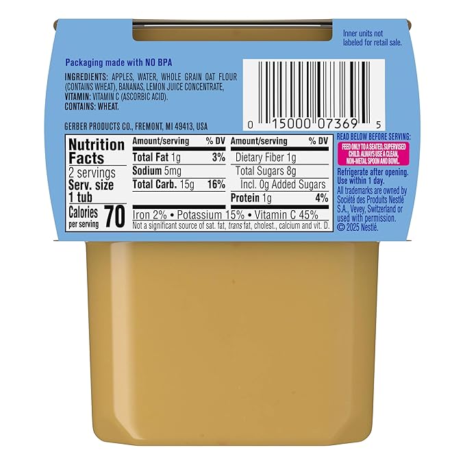 Gerber Stage 2 Baby Food, Apple Banana Oatmeal Cereal Tubs, Iron Helps Support Brain Development, No Added Colors or Flavors, Baby Oatmeal, 2-Pack