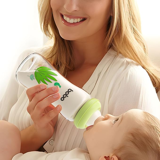 YOHKOH Natural Glass Baby Bottle with Level 2 Medium Flow Nipple, Newborn Anti-Colic Baby Bottles, Wide Neck Mushroom Baby Glass Bottle (8.8oz (Pack of 4), Green)